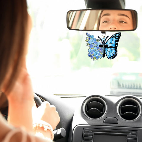 Faith Butterfly Key Chain, Rearview Mirror Ornament - Blue