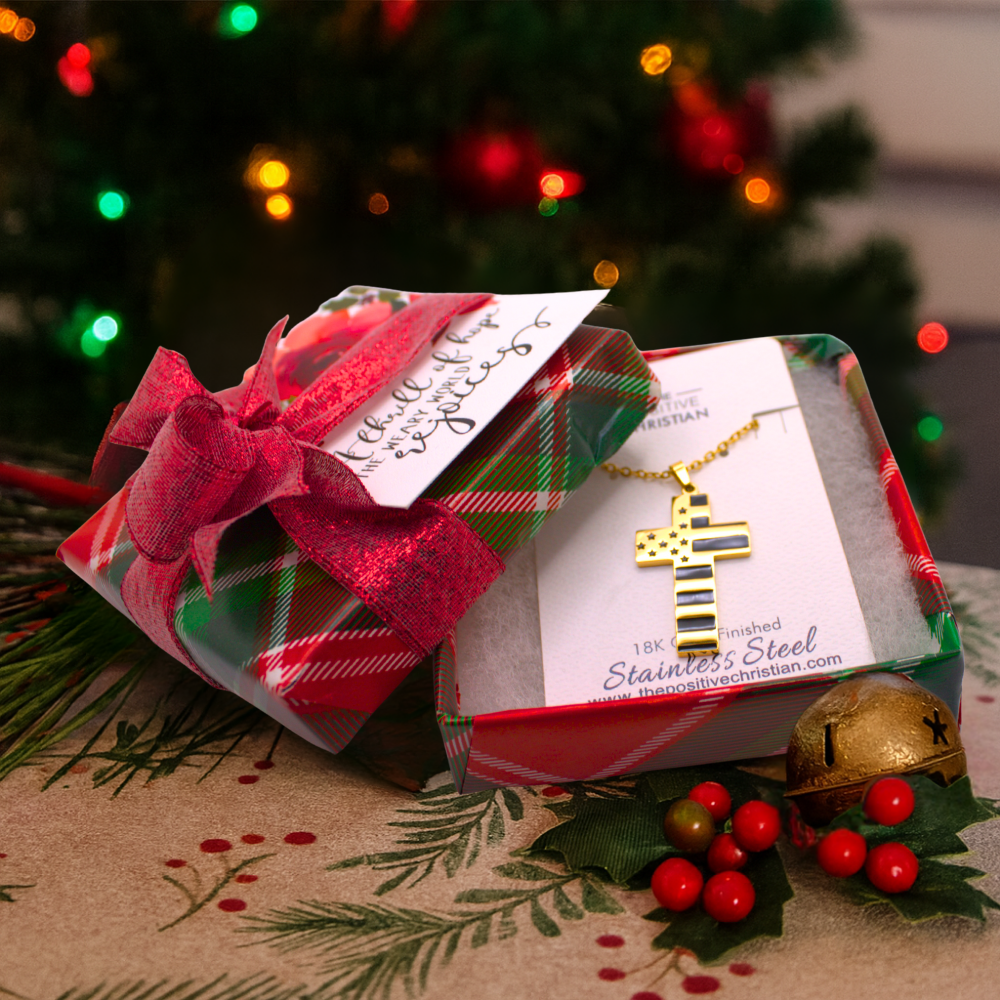 (Gift-wrapped) American Flag Cross Necklace - Gold