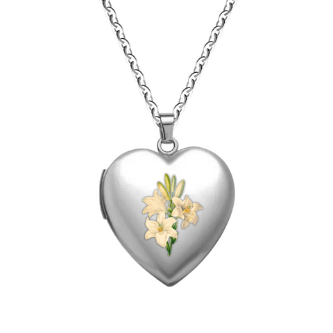 Lily Heart Locket Necklace: Luke 12:27-28 (Ships 2-29-24)