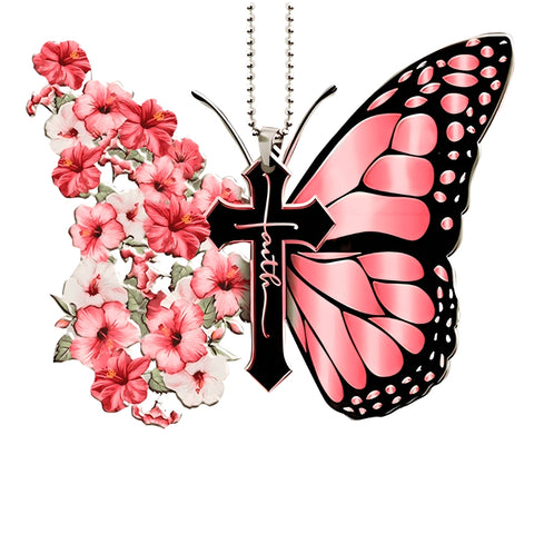 Faith Butterfly Key Chain, Rearview Mirror Ornament - Pink