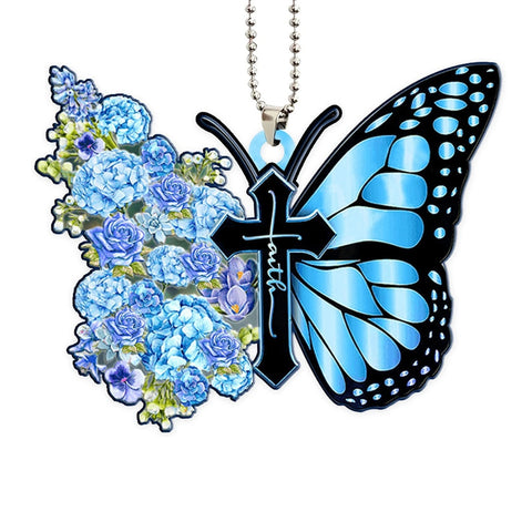 Faith Butterfly Key Chain, Rearview Mirror Ornament - Blue