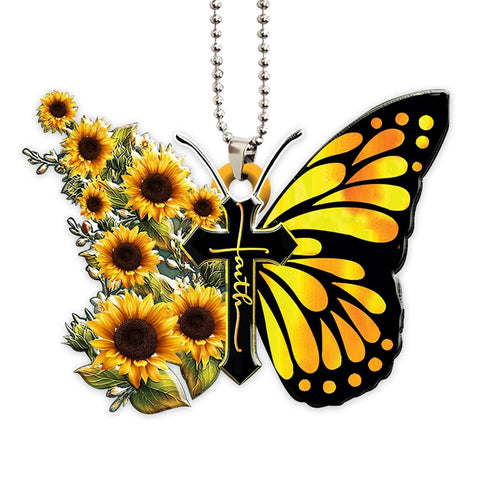 Faith Butterfly Key Chain, Rearview Mirror Ornament - Sunflower