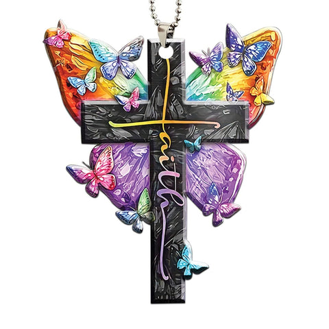 Faith Cross Butterfly Key Chain, Rearview Mirror Ornament