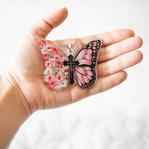 Faith Butterfly Key Chain, Rearview Mirror Ornament - Pink