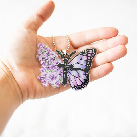 Faith Butterfly Key Chain, Rearview Mirror Ornament - Purple