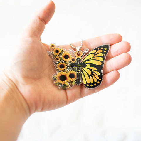 Faith Butterfly Key Chain, Rearview Mirror Ornament - Sunflower