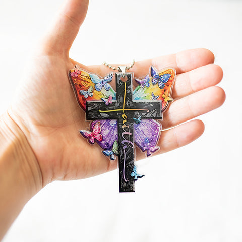 Faith Cross Butterfly Key Chain, Rearview Mirror Ornament