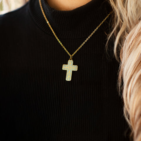 (Gift-wrapped) Geometric Enamel Cross Necklace - Sage, Gold