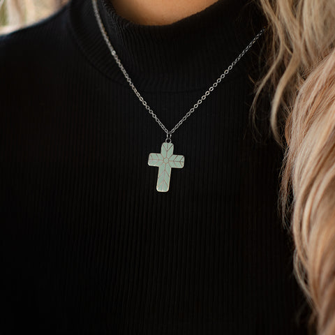 (Gift-wrapped) Geometric Enamel Cross Necklace - Sage, Silver