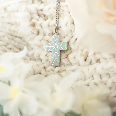 (Gift-wrapped) Geometric Enamel Cross Necklace - Sage, Silver