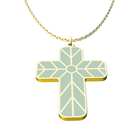 (Gift-wrapped) Geometric Enamel Cross Necklace - Sage, Gold