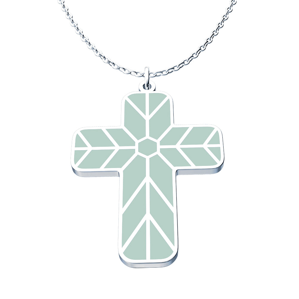Geometric Enamel Cross Necklace - Sage