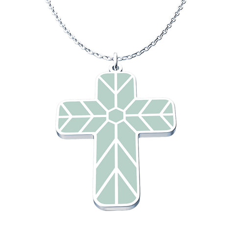 (Gift-wrapped) Geometric Enamel Cross Necklace - Sage, Silver