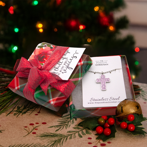 (Gift-wrapped) Geometric Enamel Cross Necklace - Lilac, Silver