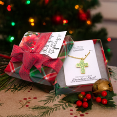 (Gift-wrapped) Geometric Enamel Cross Necklace - Sage, Gold