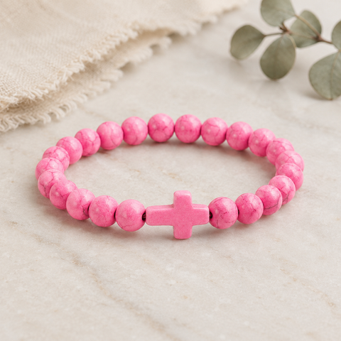 Stone Cross Bracelet - Pink (Ships on or around 8-31-26)