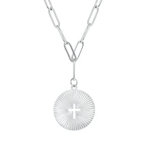 Sunburst Cross Paperclip Necklace