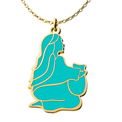 (Gift-wrapped) Woman at the Well Teal Enamel Pendant Necklace - Gold