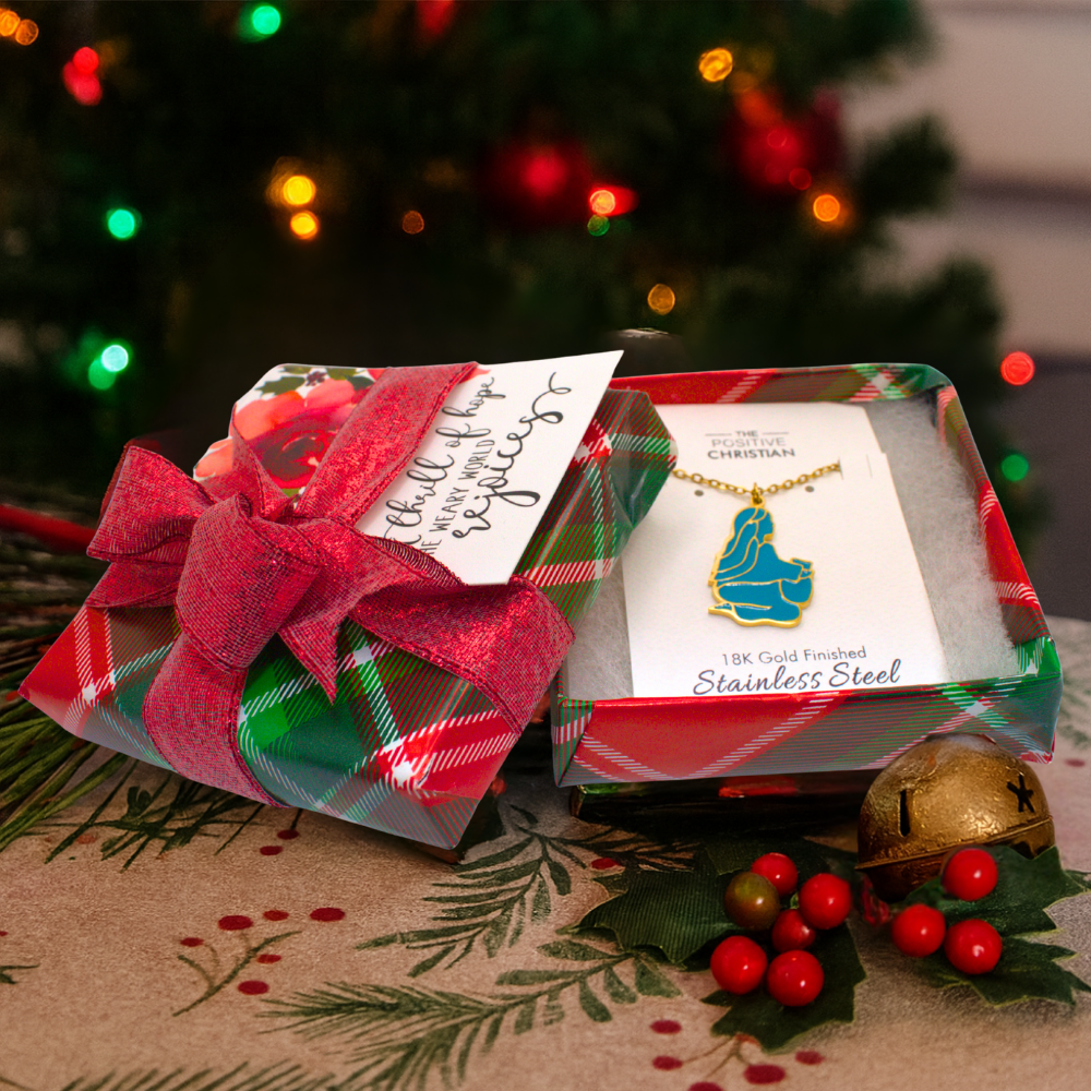 (Gift-wrapped) Woman at the Well Teal Enamel Pendant Necklace - Gold