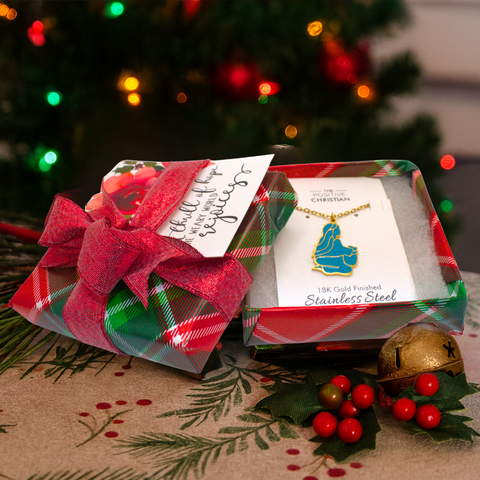 (Gift-wrapped) Woman at the Well Teal Enamel Pendant Necklace - Gold