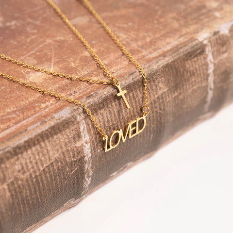 "Loved" Layered Cross Charm Necklace - Stainless Steel