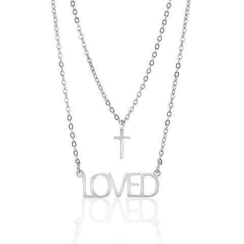 "Loved" Layered Cross Charm Necklace - Stainless Steel