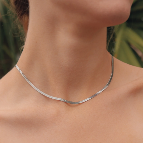 Stainless Steel Herringbone Chain Necklace - Silver