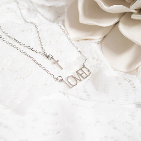 "Loved" Layered Cross Charm Necklace - Stainless Steel